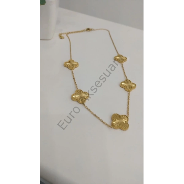 Gold Renk Yonca Detaylı Çelik Kolye