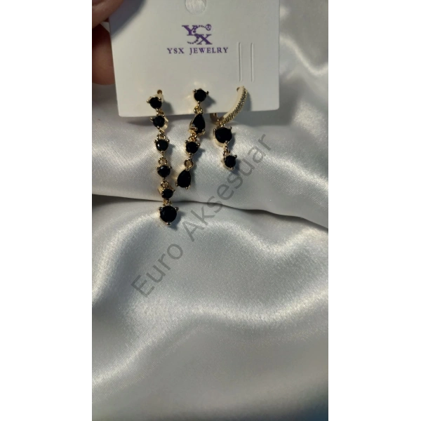 Gold Siyah VIP Üçlü Küpe