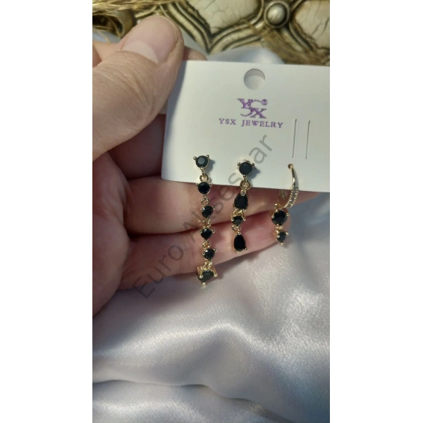 Gold Siyah VIP Üçlü Küpe