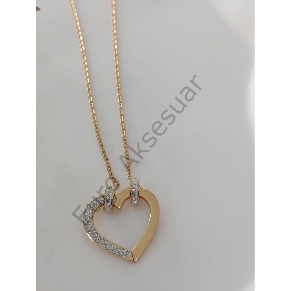 Gold Taş Detaylı Çelik Kalp Kolye