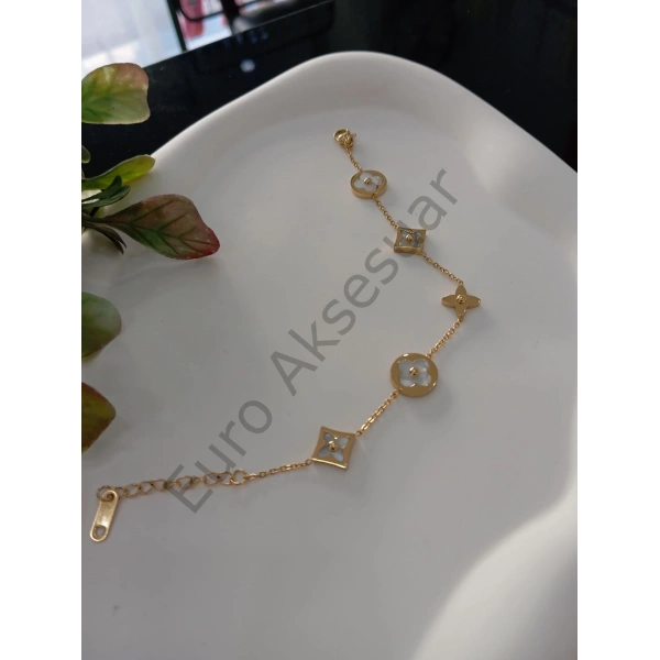 Gold Yonca Detaylı Çelik Bileklik