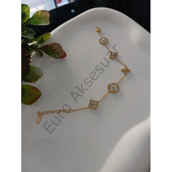 Gold Yonca Detaylı Çelik Bileklik