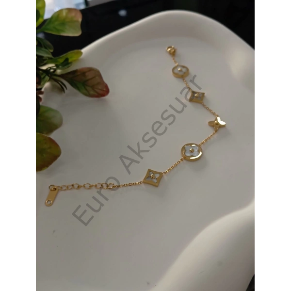 Gold Yonca Detaylı Çelik Bileklik