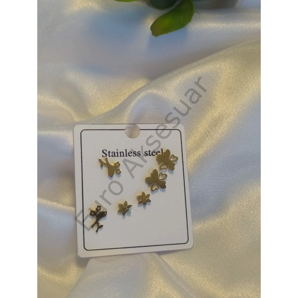 Gold Yonca Detaylı Çoklu Küpe