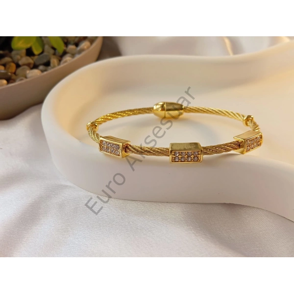 Gold Zirkon Taşlı Mıknatıslı Çelik Kelepçe Bileklik