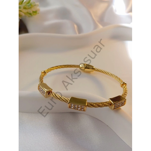 Gold Zirkon Taşlı Mıknatıslı Çelik Kelepçe Bileklik