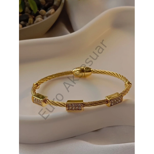 Gold Zirkon Taşlı Mıknatıslı Çelik Kelepçe Bileklik