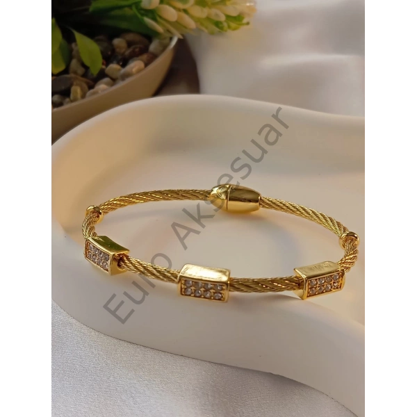 Gold Zirkon Taşlı Mıknatıslı Çelik Kelepçe Bileklik