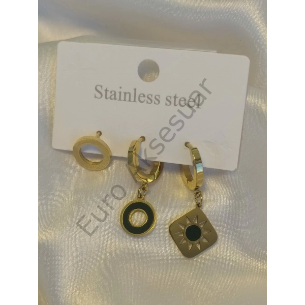 Halka Detaylı Çelik Üçlü Küpe