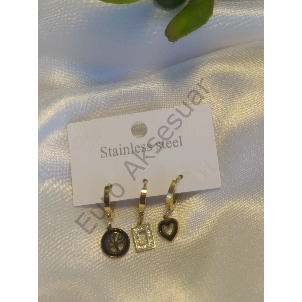 Hayat Ağacı Detaylı Çelik Üçlü Küpe