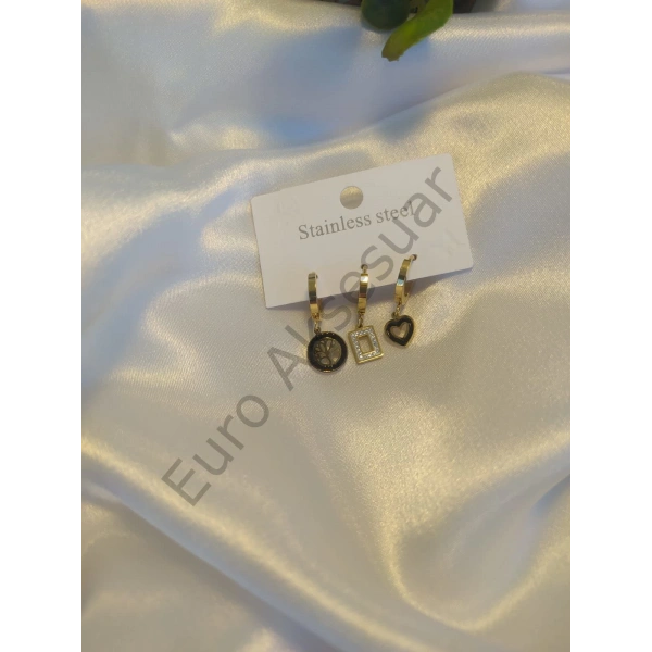 Hayat Ağacı Detaylı Çelik Üçlü Küpe