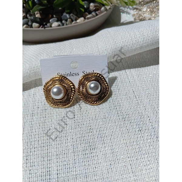 İnci Detaylı Taşlı Çelik Küpe