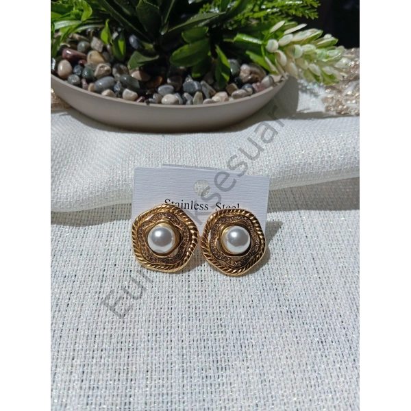 İnci Detaylı Taşlı Çelik Küpe