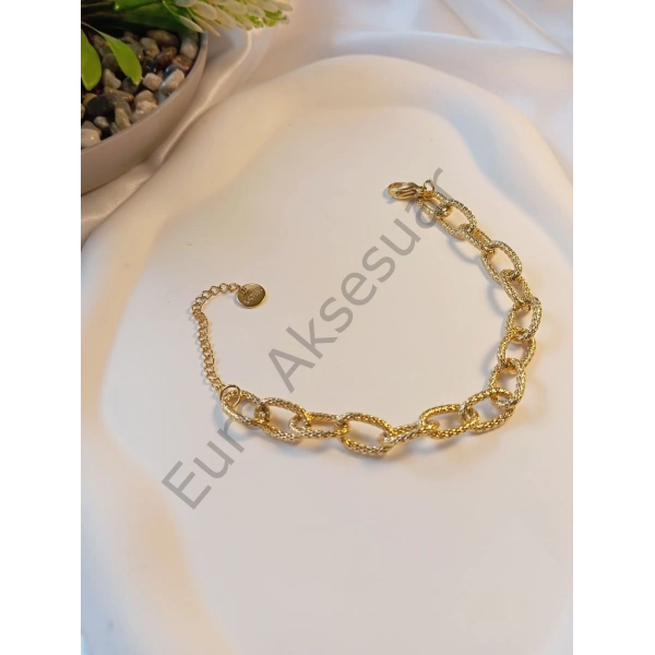İşlemeli Zincir Detaylı Çelik Bileklik 14 K Kaplama
