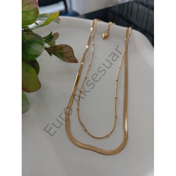 İtalyan Zincir Detaylı Çelik Çiftli Kolye