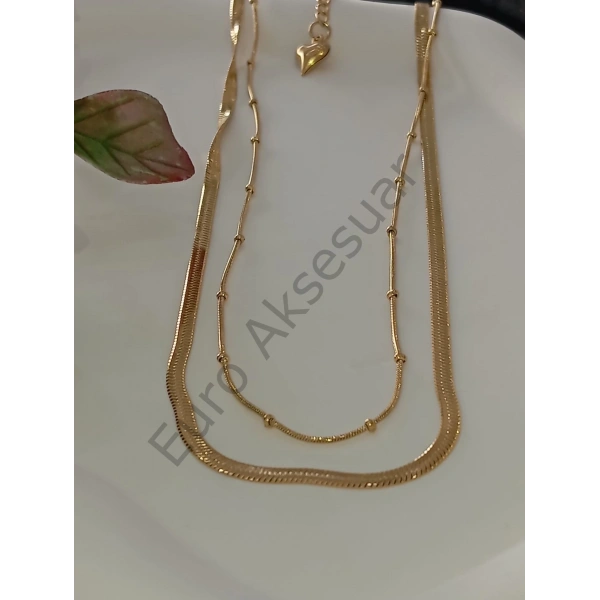 İtalyan Zincir Detaylı Çelik Çiftli Kolye