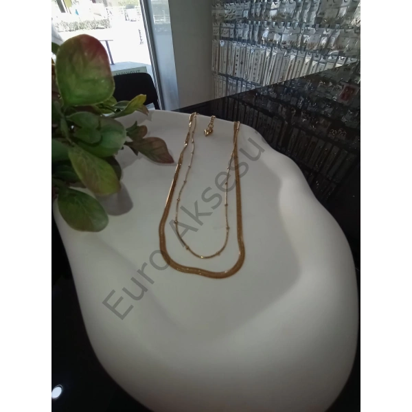 İtalyan Zincir Detaylı Çelik Çiftli Kolye