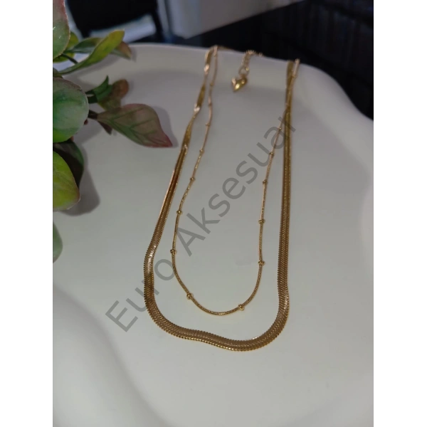 İtalyan Zincir Detaylı Çelik Çiftli Kolye