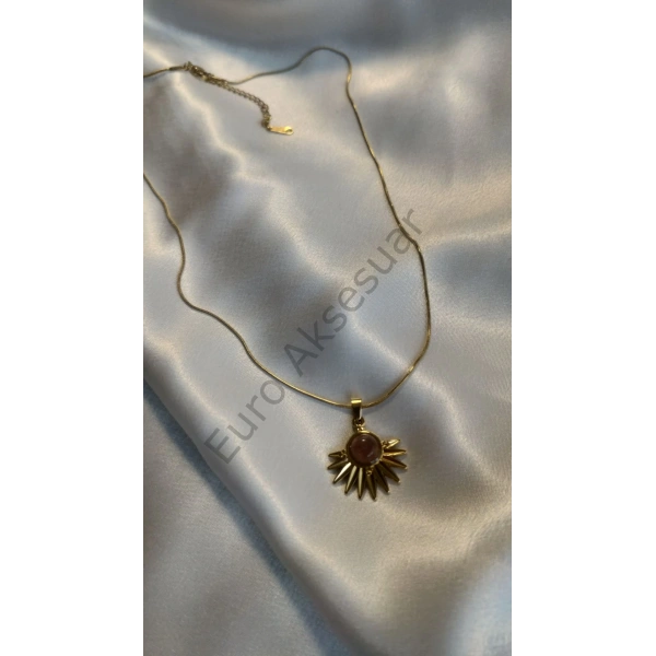 Kahverengi Doğaltaşlı Çelik Kolye