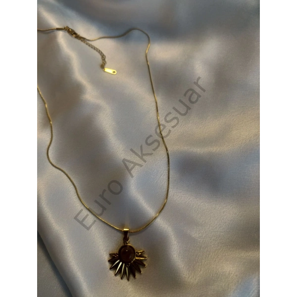 Kahverengi Doğaltaşlı Çelik Kolye