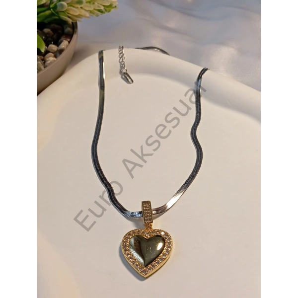 Kalp Detaylı Silver İtalyan Zincirli Çelik Kolye