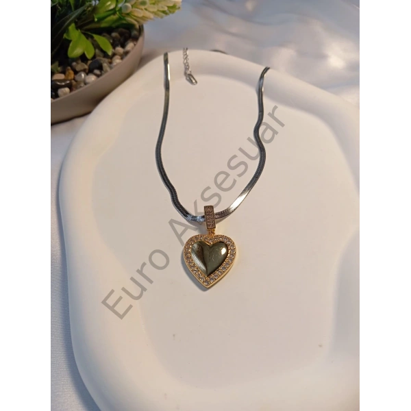 Kalp Detaylı Silver İtalyan Zincirli Çelik Kolye