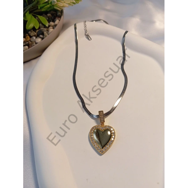 Kalp Detaylı Silver İtalyan Zincirli Çelik Kolye