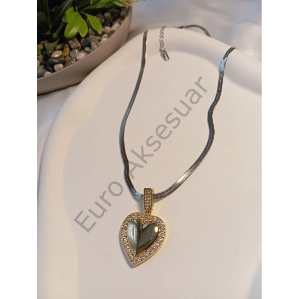 Kalp Detaylı Silver İtalyan Zincirli Çelik Kolye