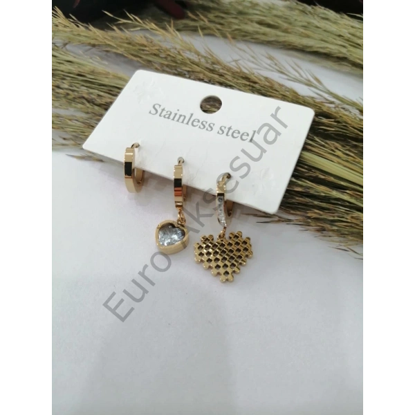 Kalp Detaylı Çelik Üçlü Küpe