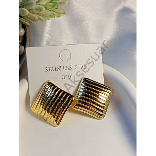 Kare Çizgili Çelik Küpe