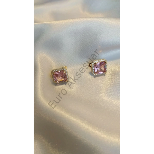 Kare Pembe Zirkon Taşlı Çelik Küpe