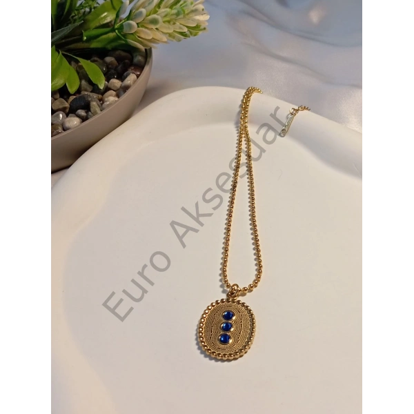 Lacivert Taş Detaylı Çelik Firuze Kolye