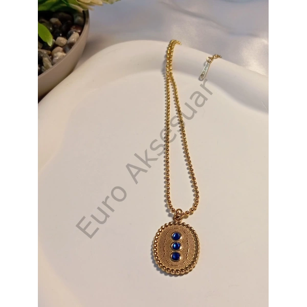 Lacivert Taş Detaylı Çelik Firuze Kolye