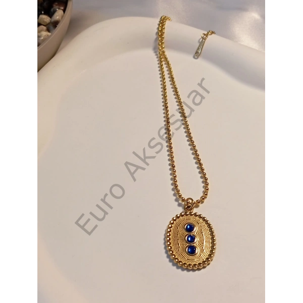 Lacivert Taş Detaylı Çelik Firuze Kolye