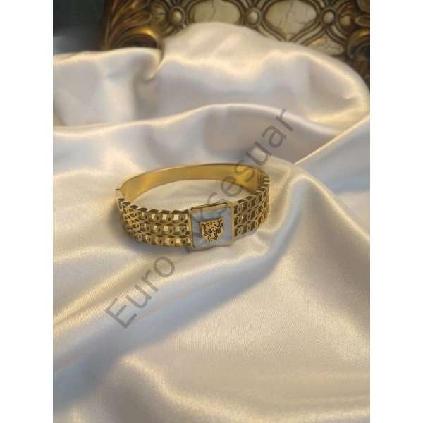 Leopar Desenli Çelik Kelepçe Bileklik