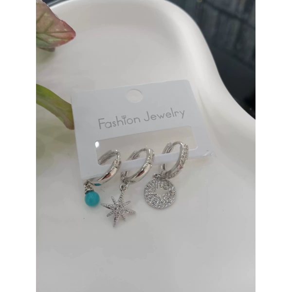 Mavi Boncuk Detaylı Üçlü Vip Küpe Seti