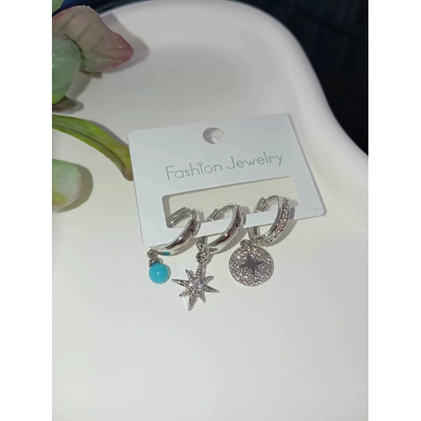 Mavi Boncuk Detaylı Üçlü Vip Küpe Seti