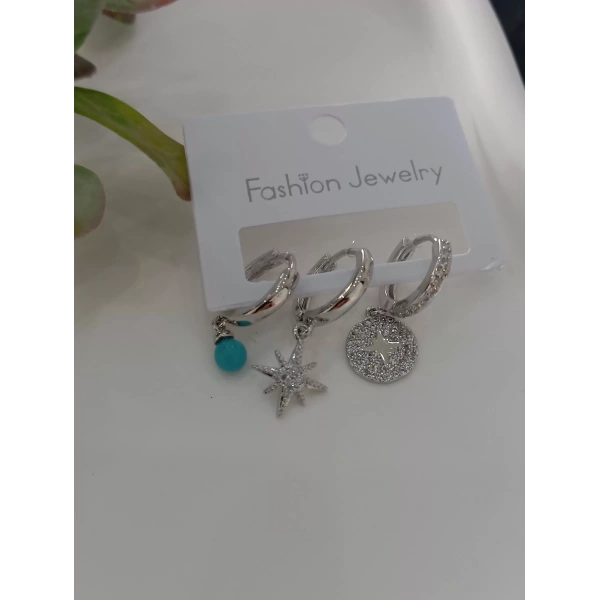 Mavi Boncuk Detaylı Üçlü Vip Küpe Seti