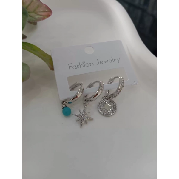 Mavi Boncuk Detaylı Üçlü Vip Küpe Seti