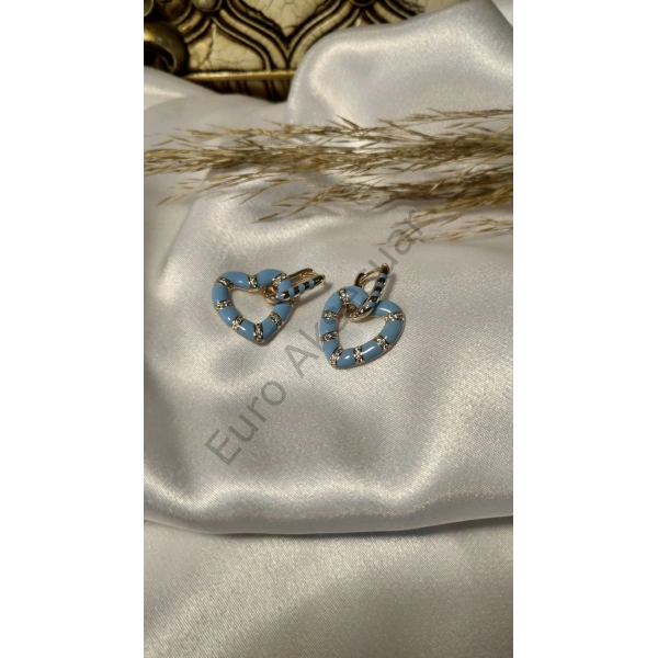 Mavi Kalp Detaylı Çift Kombinli Küpe