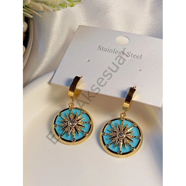 Mavi Yıldız Detaylı Çelik Küpe