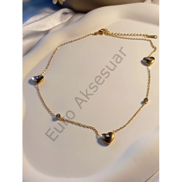 NAZAR BONCUKLU KALP DETAYLI ÇELİK KOLYE