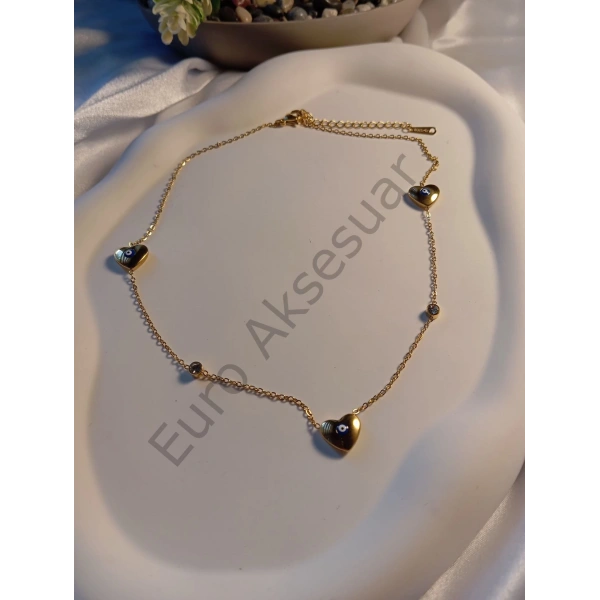 NAZAR BONCUKLU KALP DETAYLI ÇELİK KOLYE