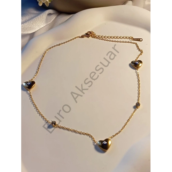 NAZAR BONCUKLU KALP DETAYLI ÇELİK KOLYE