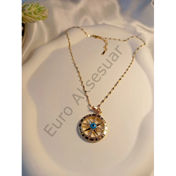 Nazar Boncuklu Yıldız Detaylı Çelik Kolye