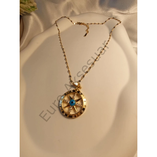 Nazar Boncuklu Yıldız Detaylı Çelik Kolye