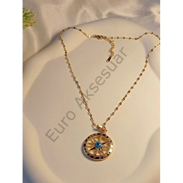 Nazar Boncuklu Yıldız Detaylı Çelik Kolye