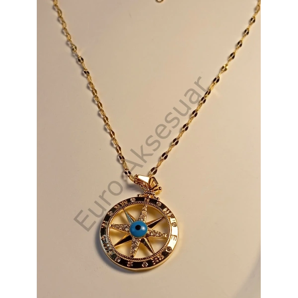 Nazar Boncuklu Yıldız Detaylı Çelik Kolye