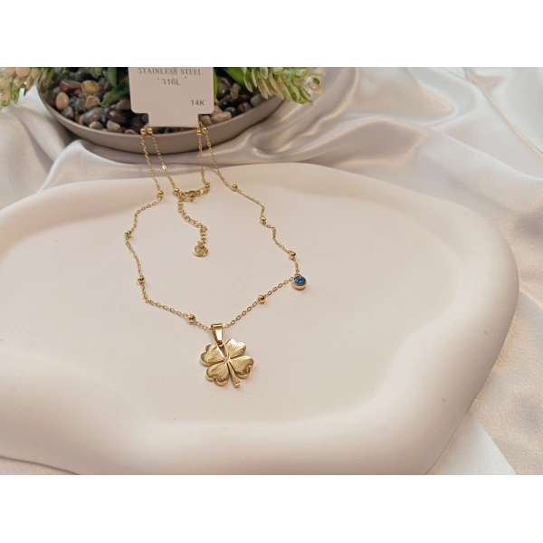 Nazar Boncuklu Yonca Figürlü 14 K Kaplama Çelik Kolye