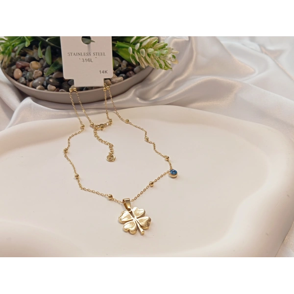 Nazar Boncuklu Yonca Figürlü 14 K Kaplama Çelik Kolye